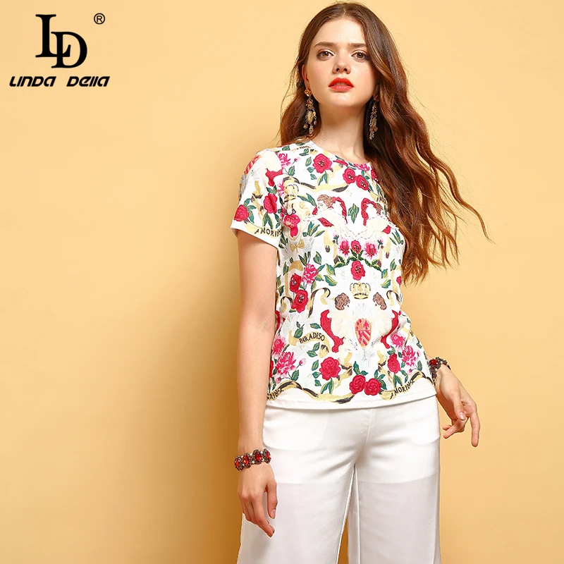 

LD LINDA DELLA New 2019 Summer Fashion Tops Women's Short Sleeve Beading Floral Printed Elegant Vintage Ladies Vacation T-shirt