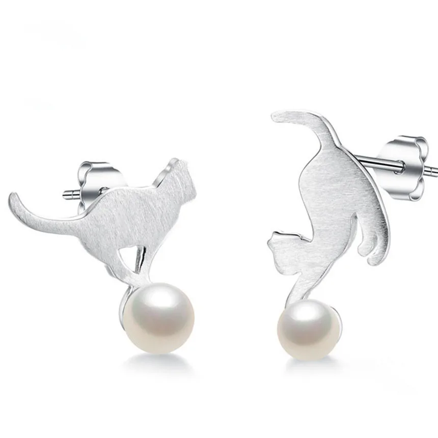 New Hip-hop Girls Stud Earrings Women Personality Jewelry  Cute Animal Pearl 925 Sterling Silver Earrings free shipping