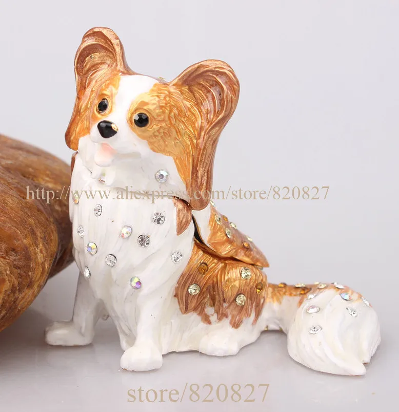 Papillon Dog Metal Jewelry Box Trained Cute Puppy Enameled Piece Animal Papillon Golden & White Dog Bejeweled Trinket Box color stones studded elephant jewelry trinket box crystals elephant keepsake display box cute animal shaped gift