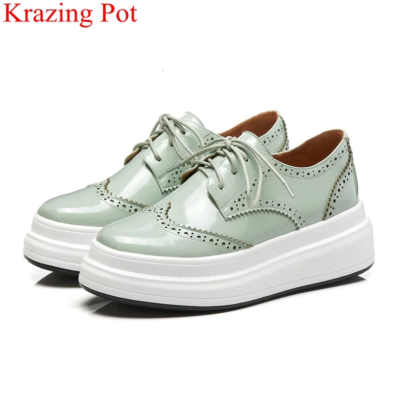 

superstar round toe genuine leather wedge thick bottom platform sneakers lace up increasing Oxford women vulcanized shoes L37