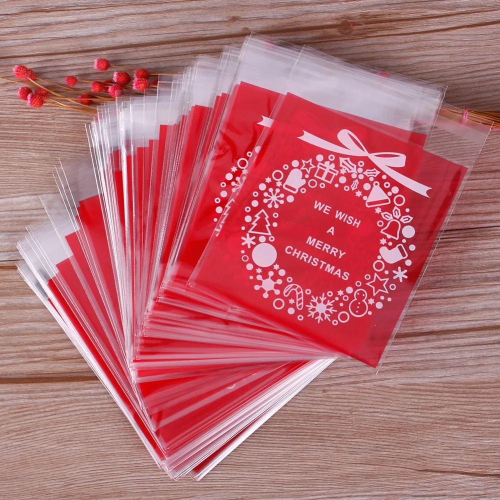 

100 Pcs/Pack Christmas Bag Santa Claus Cellophane Gift Cookie Fudge Candy Self Adhesive Bag Xmas Gift Holders #254207