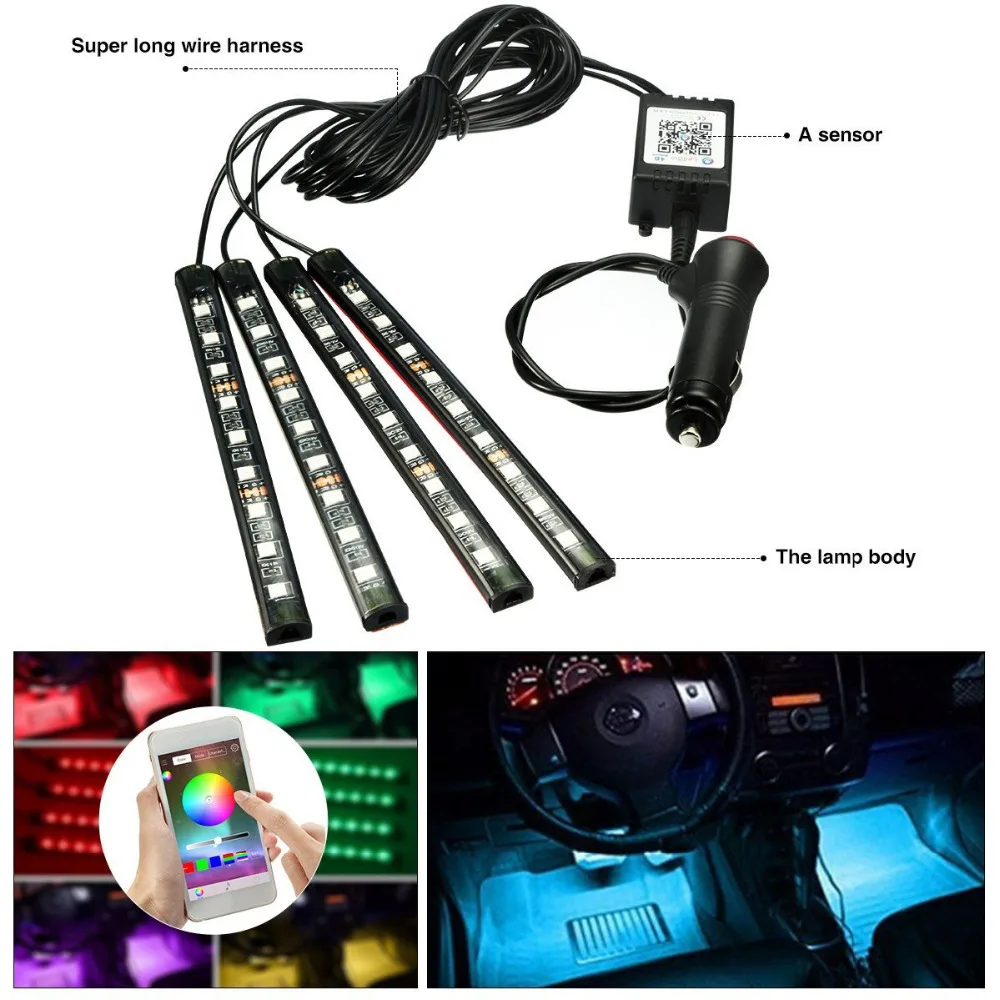 4x Car LED RGB Music Interior Atmosphere Floor Underdash Lighting RGB Music Control Strip Lights Kit Multicolor APP Bluetooth Controller for iPhone Android 7