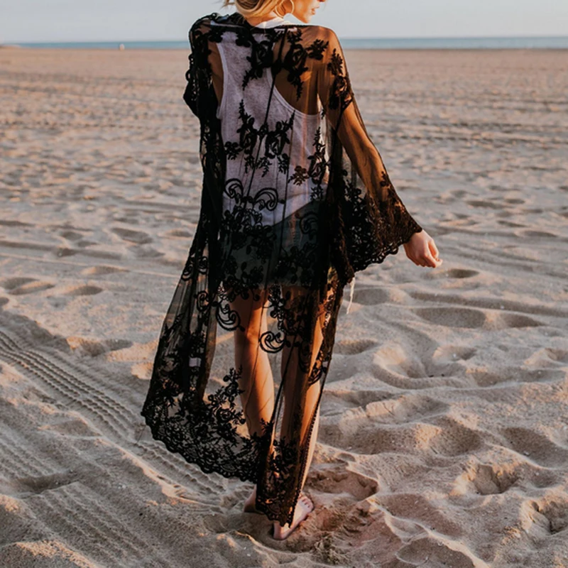 bathing suit wrap Women Beach Cover Up Beach Dress Chiffon Lace Kimono Cover Up Boho Casual Long Sleeve Cardigan Monokini Bathing Lace Dress bikini cover up dress