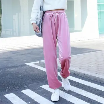 

Korea Pants Women Pleuche Gold Velvet Solid Color Elastic High Waist Drawstring Pant Ladies Casual Loose Straight Trousers