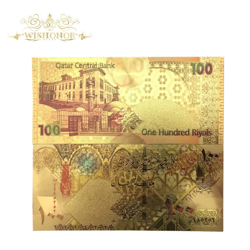 

10pcs/lot Hot Sale For Color Qatar Banknotes One Hundred Riyals Banknotes in 24k Gold Fake Paper Money For Gift