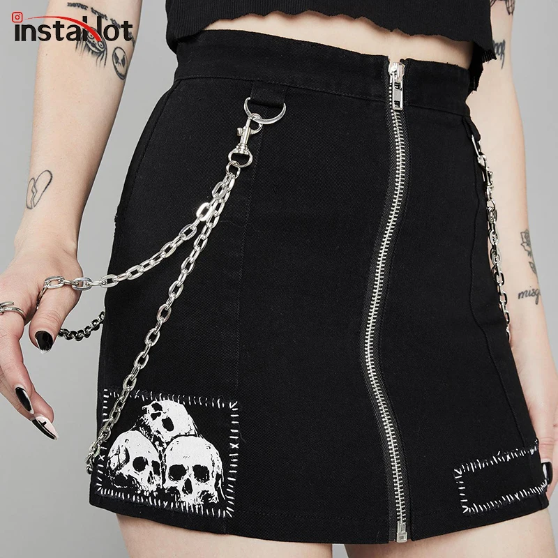 

InstaHot Skull Printed Chain Skirts Women Summer Zip Cotton Gothic Punk Black Halloween Festivals Clothes Casual Pencil Skirt