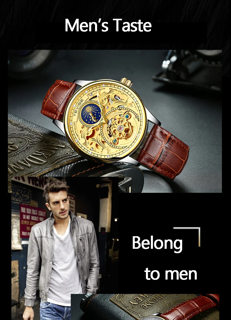 Tevise, автоматические часы для мужчин, механические часы, полый скелет, с автоматическим заводом, мужские роскошные Брендовые спортивные наручные часы, Relogio Masculino