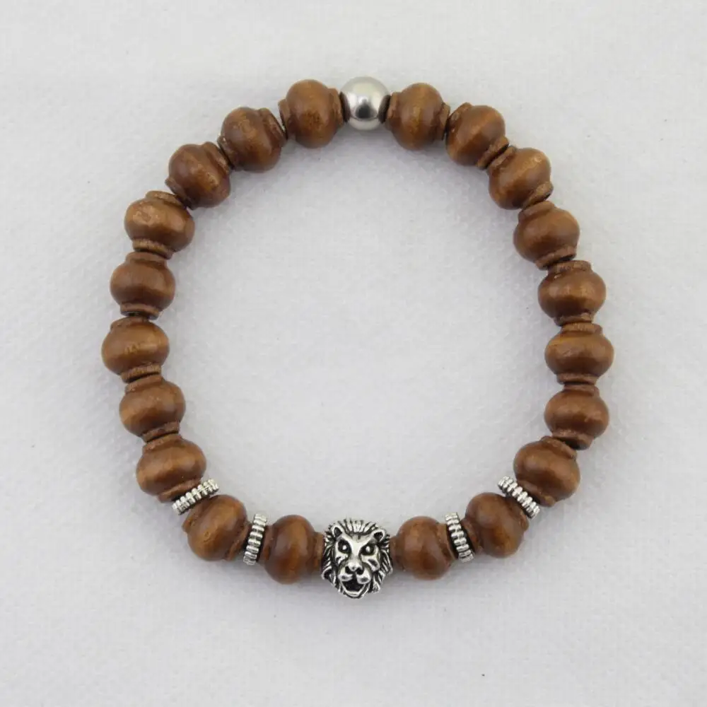 The most popular natural wood bead ancient silver lion head bracelet