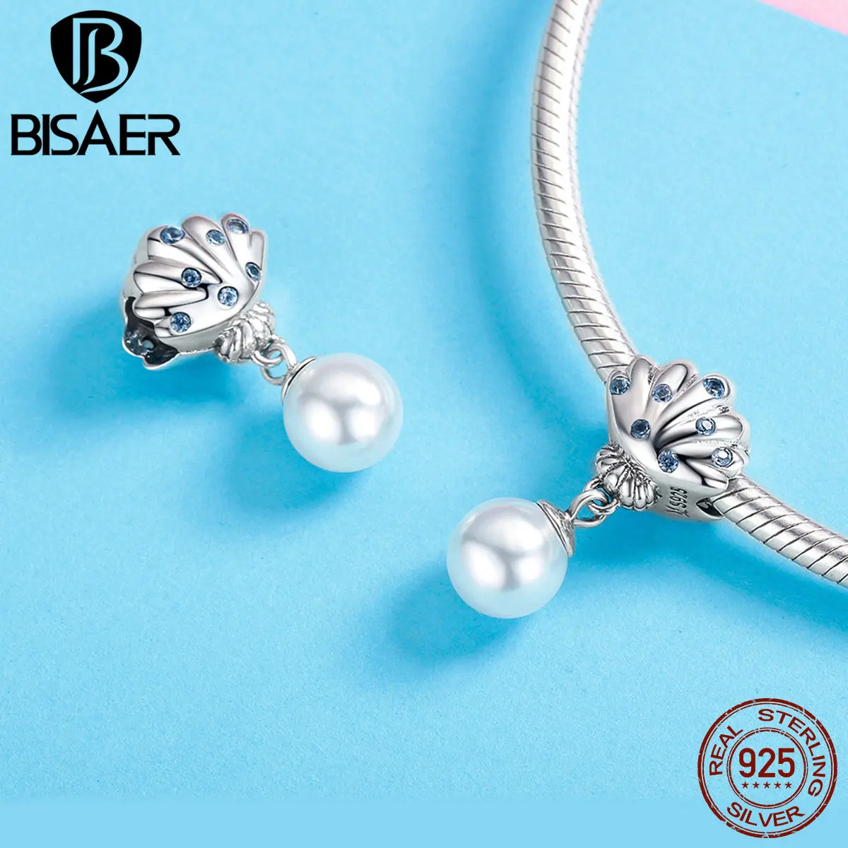 

BISAER New 925 Sterling Silver Blue CZ Dazzling Pearl Shell Beads For Women Bracelet Necklace Girlfriend Motherday Gifts GXC1155