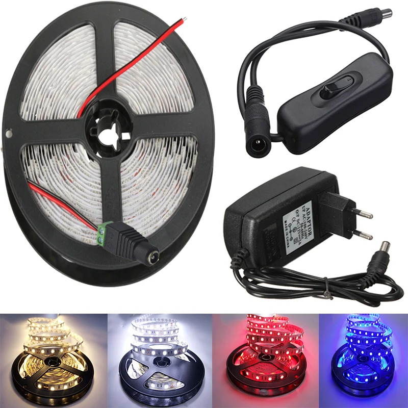 

5M 5050 Waterproof LED Strip Red Blue Warm White Green Diode Tape Lighting Ribbon Cable Switch on/off DC12V 2A Power Adapter