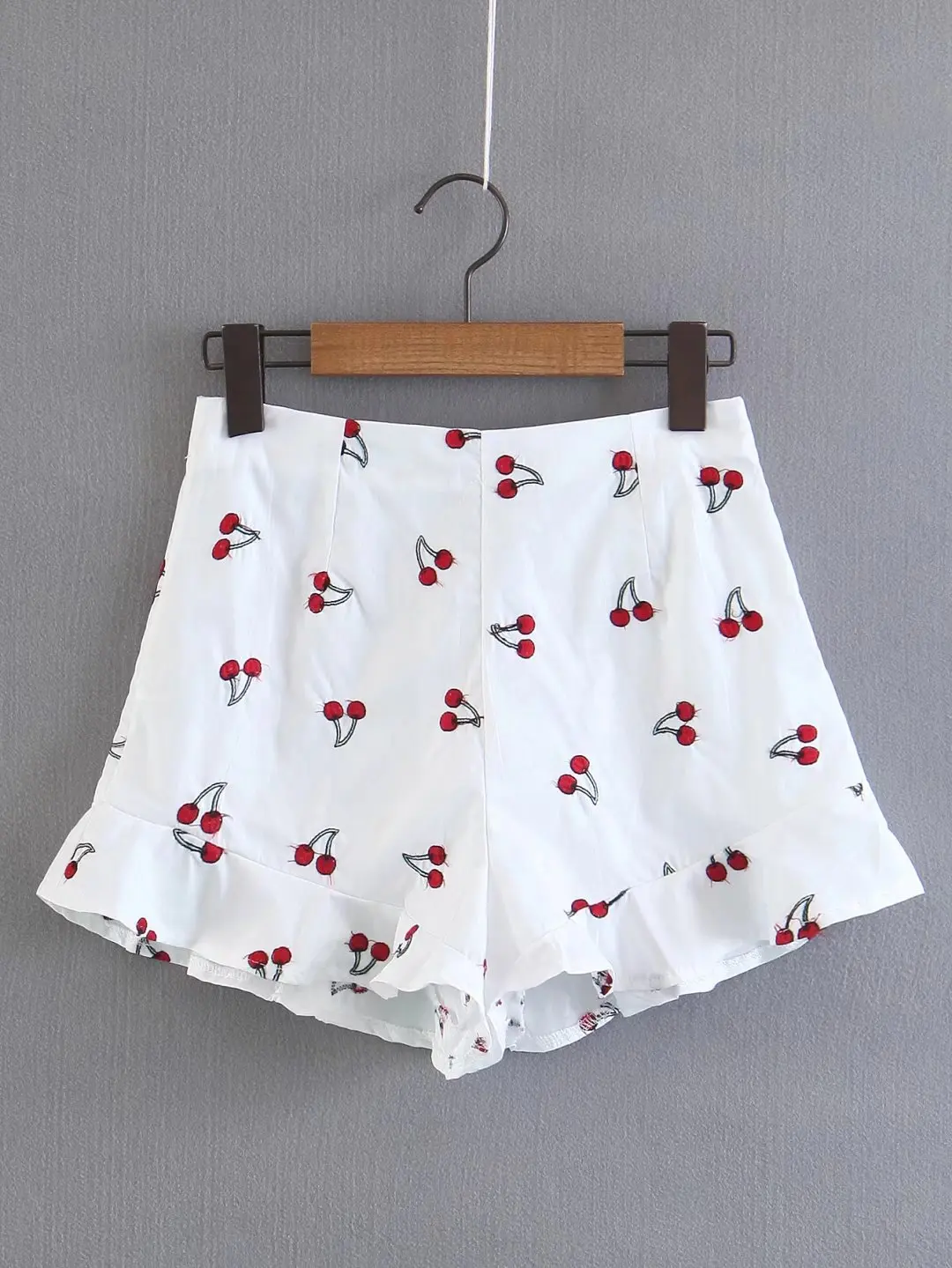 Women Sweet Ruffles Cherry Embroidery Pattern Shorts Side Lightning