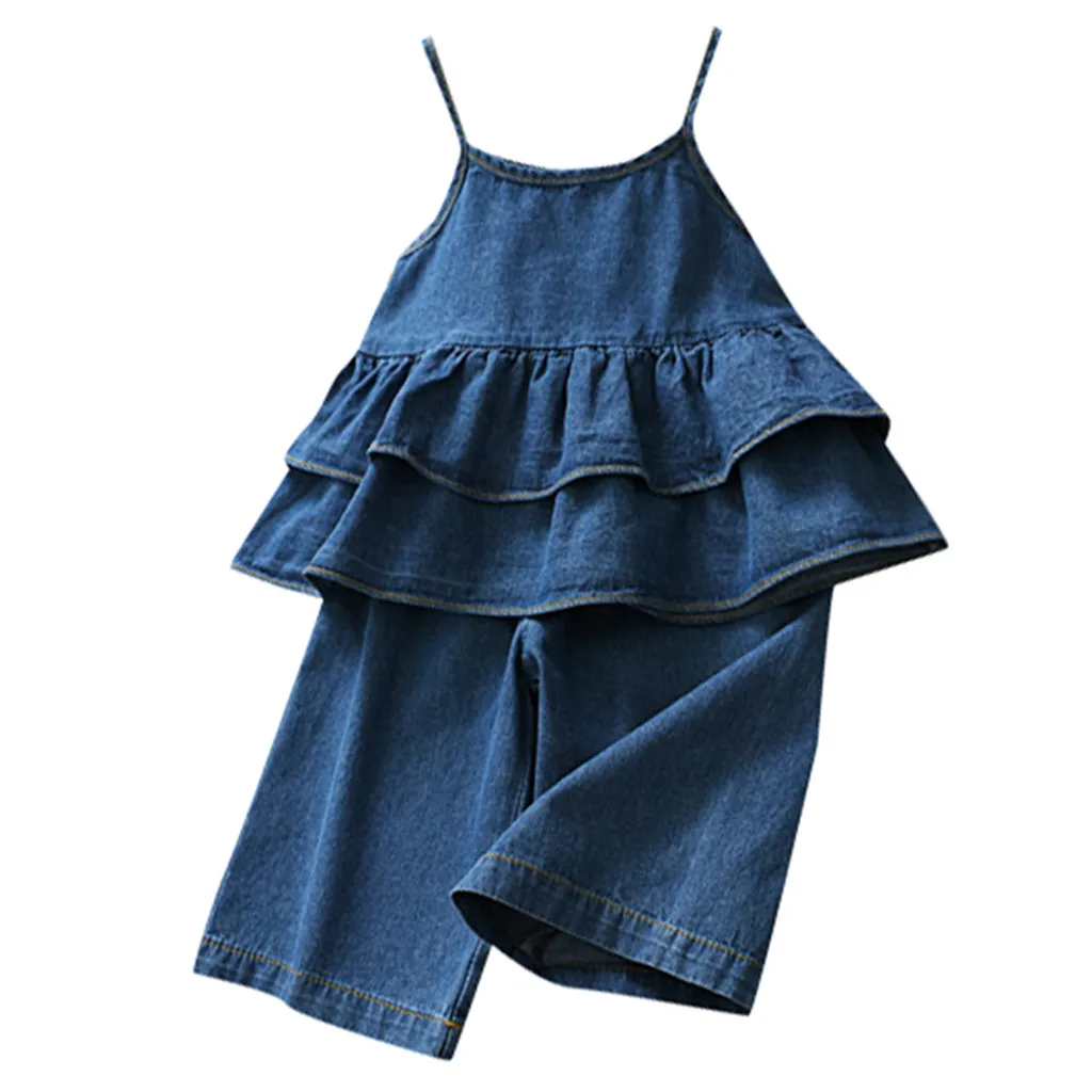 

Toddler Baby Kids Girls Clothes Set Denim Strap Ruffles Tops Solid Jeans Casual Outfits baby girls Clothes Set clothes