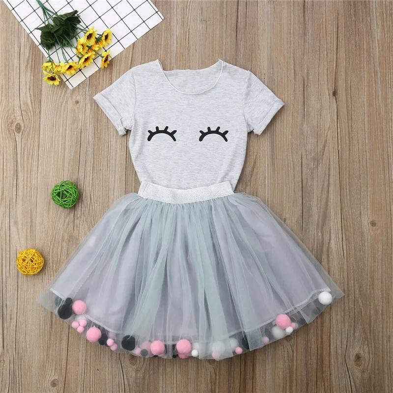 

Toddler Kids Baby Girl Outfits Lovely Summer Clothes Eyelash Print T-shirt Tulle Tutu Skirt with Ball inside 2Pcs Sets 6M-4Y