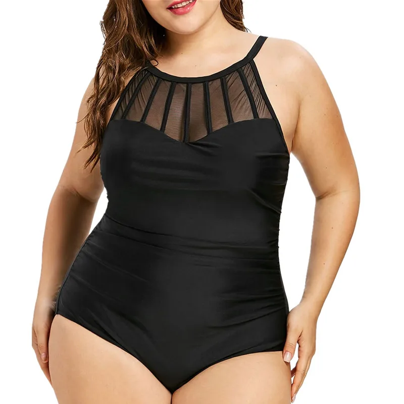 Размера плюс купальник черный цельный купальный костюм с пуш-ап очень большой монокини для женщин сетка молния цельный пляжный костюм 4XL