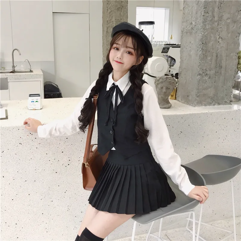 2 Pcs Sets Women'S Button Sleeveless Vest Pleated Skirt Sets Girls