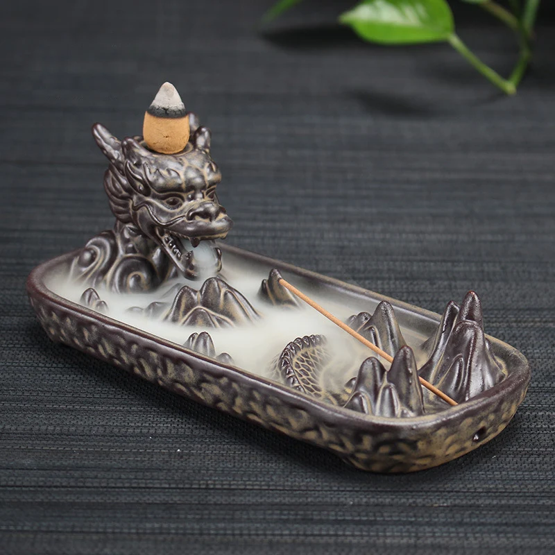 Backflow Incense Burner Ceramic Dragon Stick Holder Censer + 20Pcs Incense Cones Smoke Backflow