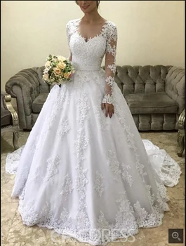 

2019 new design ball gown white lace appliques long sleeve wedding dress beaded with sashes scoop neckline modest wedding gowns