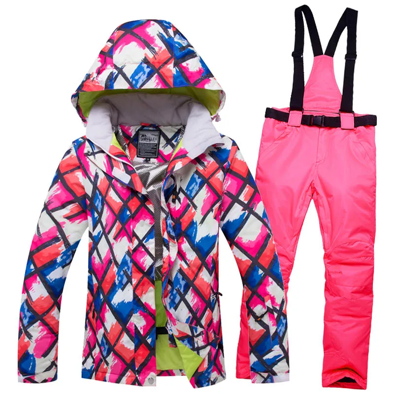 Женский брендовый лыжный костюм, новинка, высокое качество, зимние куртки для сноуборда, штаны, теплый водонепроницаемый ветрозащитный зимний комплект, куртка для лыжного спорта - Цвет: FG and Pink