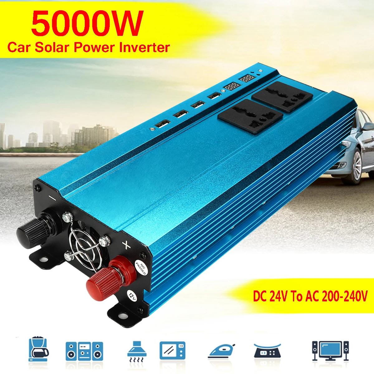 

Voltage Transformer Interface Converter PEAK 5000W DC 12/24V to AC 220V 4 USB Car Solar Power Inverter Blue Overload Protect