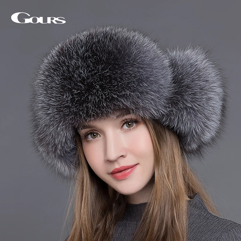 Baratos Gours de piel de sombrero para las mujeres Natural mapache de piel de zorro sombreros rusos ushanka invierno grueso cálido orejas de bombardero negro nueva llegada