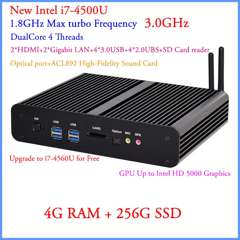 DHL Free Shipping HTPC Windows Linux Compatiable Intel Core i7 haswell 4GB DDR3 256GB SSD MINI PC Computer Ultra HD 4K 2*HDMI