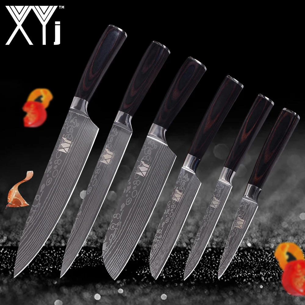

XYj Damascus Veins Stainless Steel Knife Sets Lightweight Effort Color Wood Handle Kitchen Knives 6 Pcs Set Kitchen Tools Gift