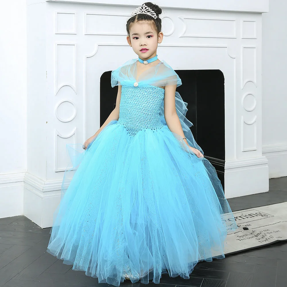 Sparkle Tulle Tutu Princess Cinderella Blue Dress Elegant Sleeveless Froze Elsa Cosplay Birthday Dress Vestido Baby Kids Clothes (4)