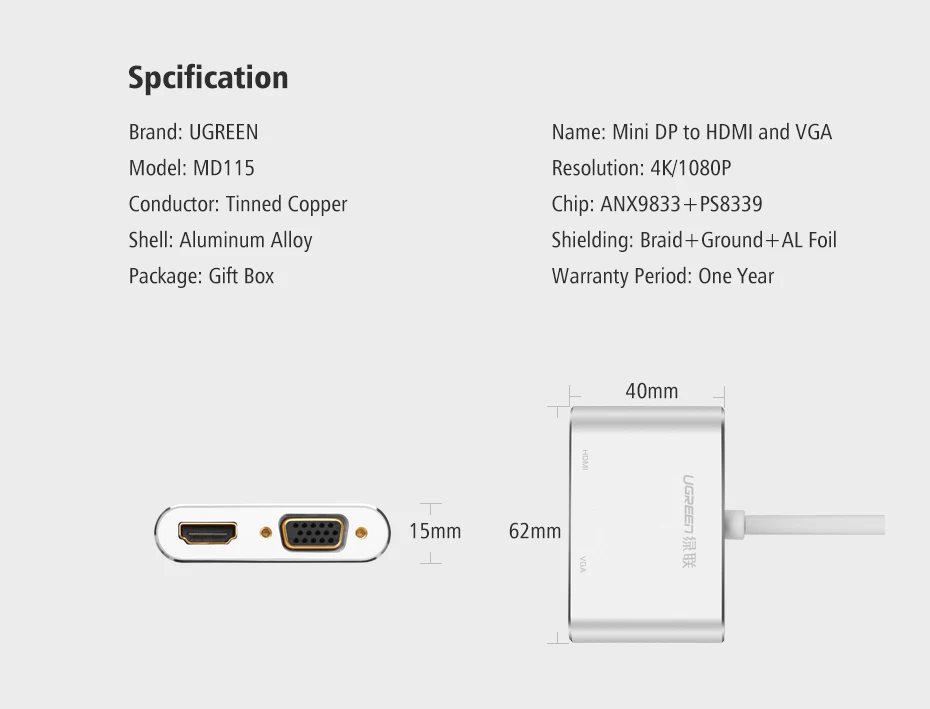 Ugreen 2 в 1 Thunderbolt Mini Displayport DP к HDMI VGA Кабель-адаптер 4K 1080P Mini DP конвертер для Macbook Air Microsurface