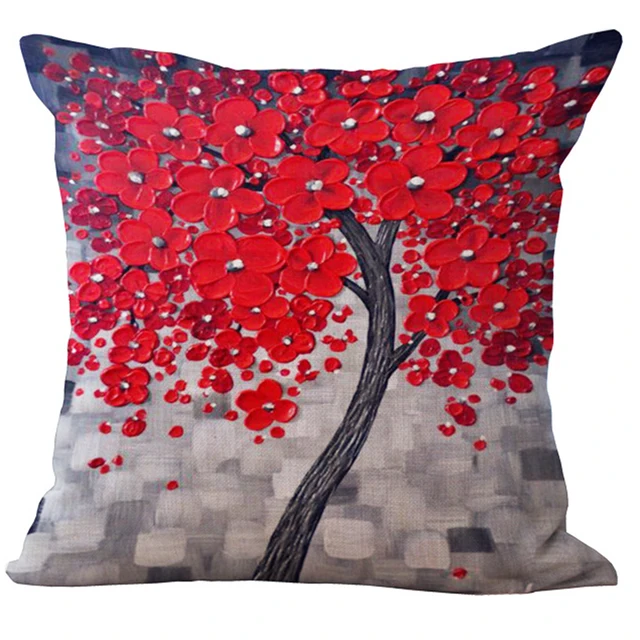 Buy Simple Casual Oil Painting Large Tree Flowers Cotton Linen Throw Pillow