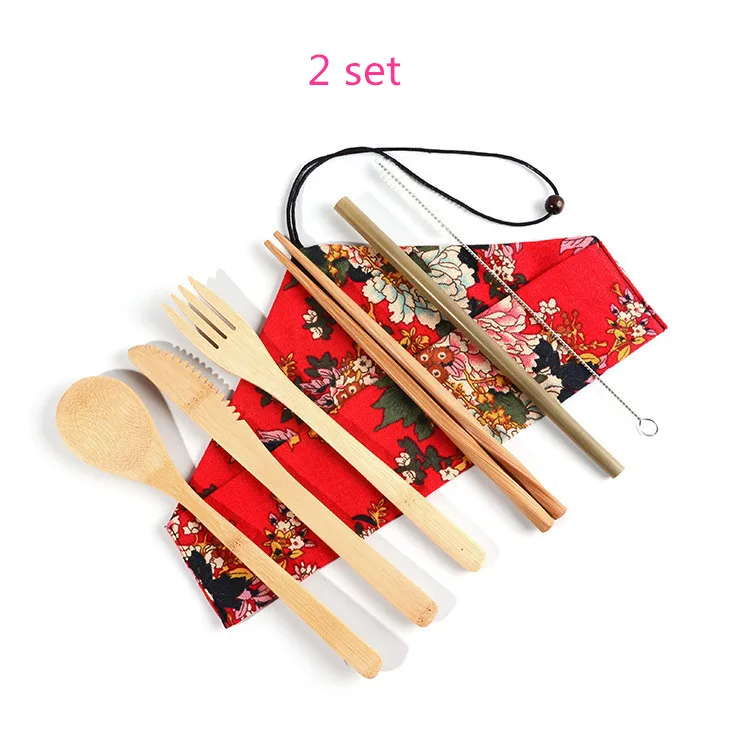 

Traditional Chinese Wooden Tableware Set Bamboo Cutlery Fork Knife Spoon Set Eco-Friendly Bamboo Straw for Travel Dinner Set