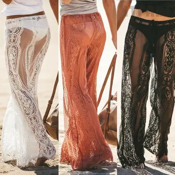 

Sexy Women Lace Bikini Cover Ups See Through Long Trousers Beach Summer Holiday High Waist Pants Bottoms Cover