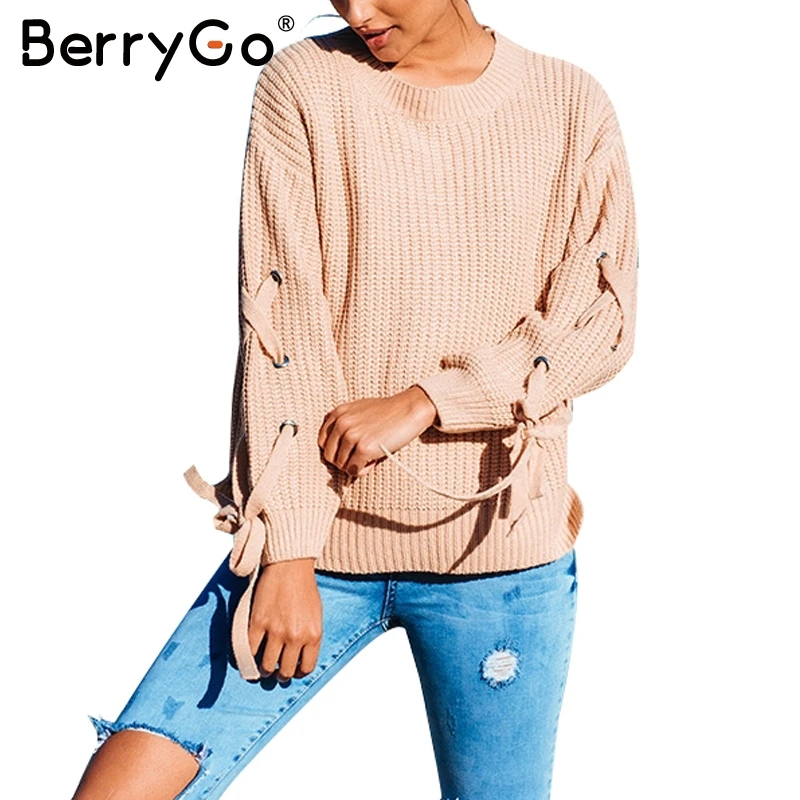 BerryGo вязаный свитер на шнуровке с рукавом женский джемпер повседневный пуловер