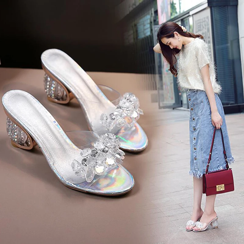

Heteromorphic Heel Slippers Women Summer High Heels 2019 New Fashion Diamond Sandals With Skirt Female Shoes Crystal Slippers