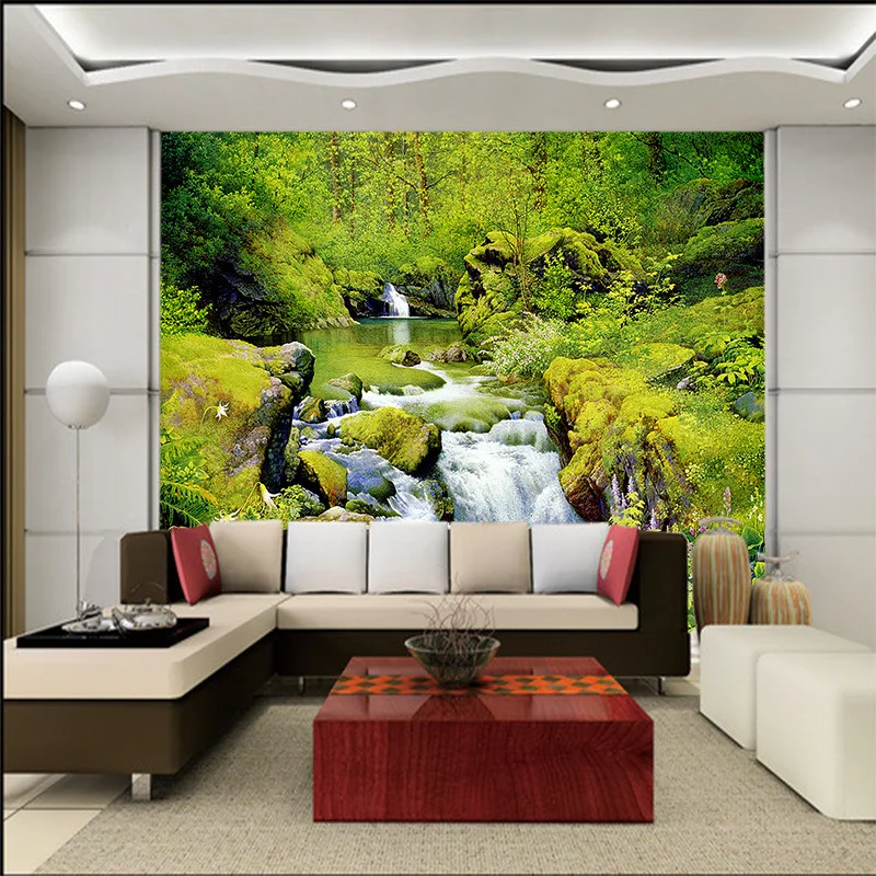 

3D customized wallpaper mural Modern style landscape painting with mountain water behind TV sofa bed as background in living