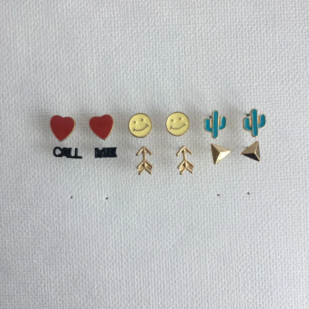 

FASHION JEWELRY GOLD COLOR PLATING TRIANGLE ARROW HEART CALL ME SMILE CACTUS STUD EARRINGS SET FOR WOMEN GIRL