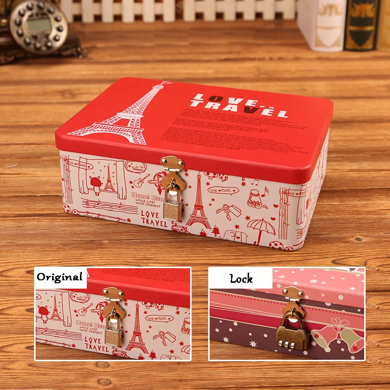 Retro Iron Key&Password Cosmetic Storage Box Desktop Skin Care Jewelry Lipstick Makeup Mask Container Sundries Organizer