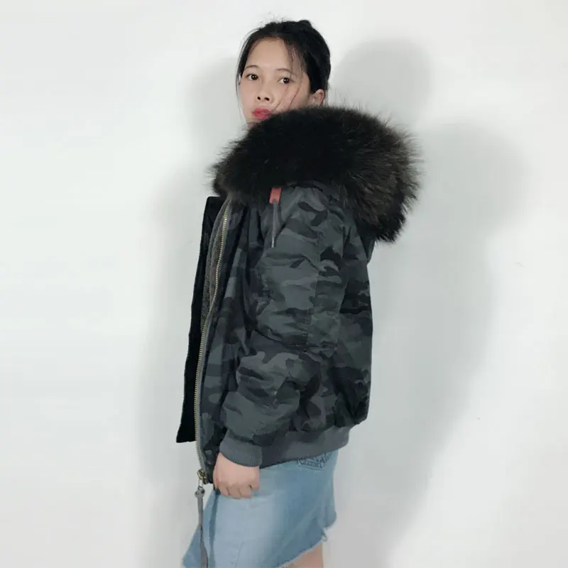 Cheap Plus size Raccoon fur collar Bomber jacket Women Unisex Gray Camouflage Bomber Jacket Free shipping