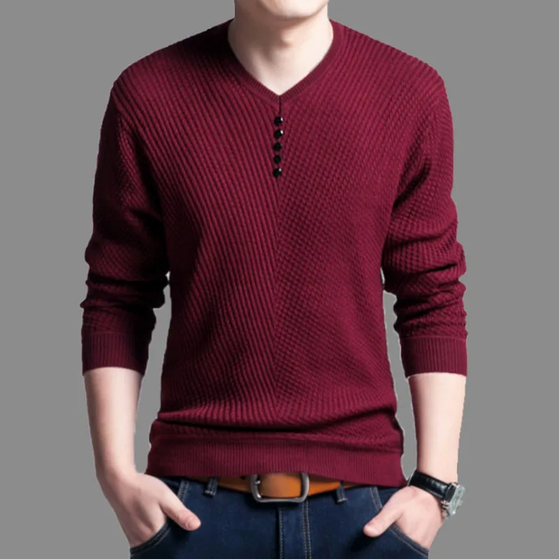 Осенний мужской свитер Повседневный пуловер с v-образным вырезом Slim Fit Sueter Masculino рубашка с длинными рукавами мужские свитера трикотажные кашемировые шерстяные Pull H - Цвет: Wine Red