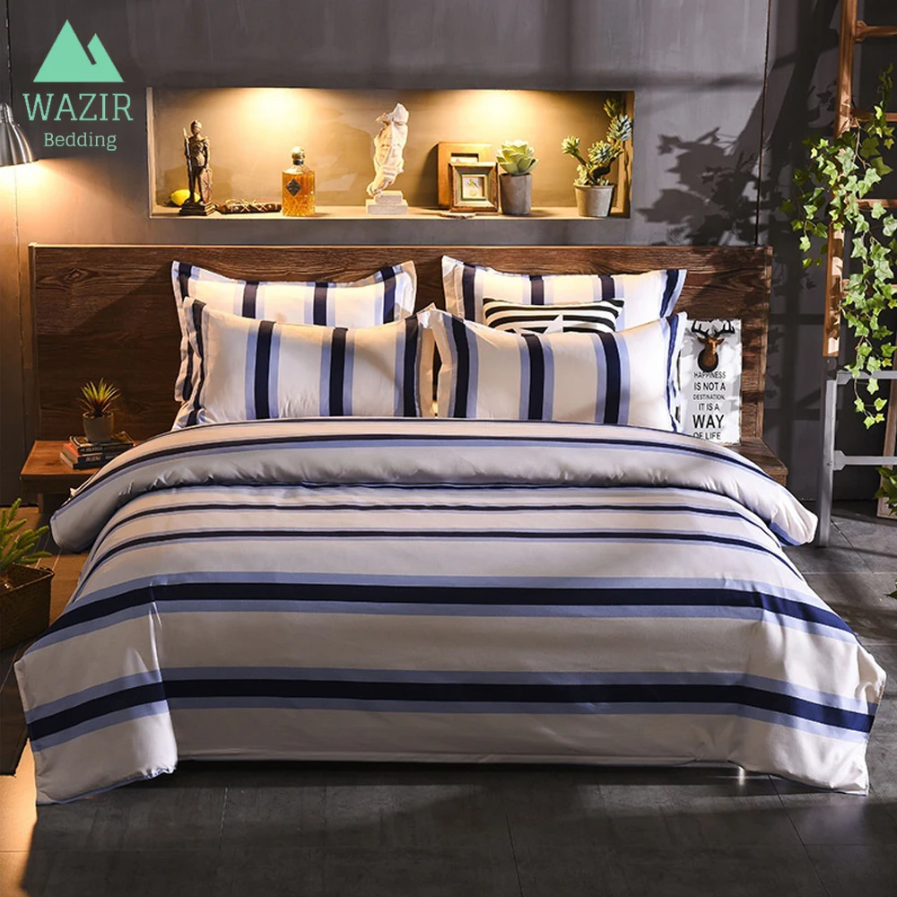 

WAZIR European Style Pure Color Blue and White Stripe Bedding Set 3/4pcs Bedroom Decoration Duvet Cover Pillowcase bed sheet