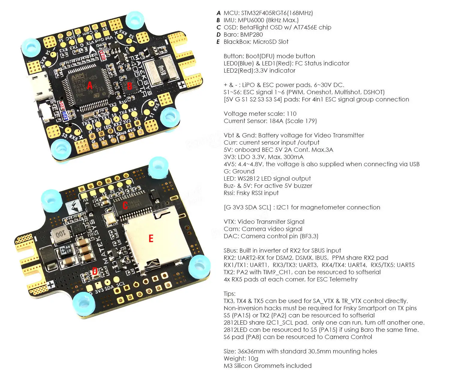 Matek Systems BetaFlight F405-CTR Flight Controller Built-in PDB OSD 5V/2A BEC Current Sensor for RC Drone