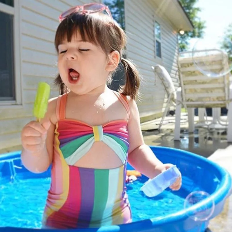 Bikini With Headband New 2019 Upgraded Kids Girls One Pieces Candy Color Striped Sling Bow Swimsuit Swimwear Biquini S91203X | Спорт и