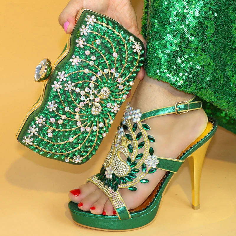 

Green Color Italian sandal with Matching Bags Nigerian Shoes and Matching Bags Set Decorated with Rhinestone Party Shoes and Bag