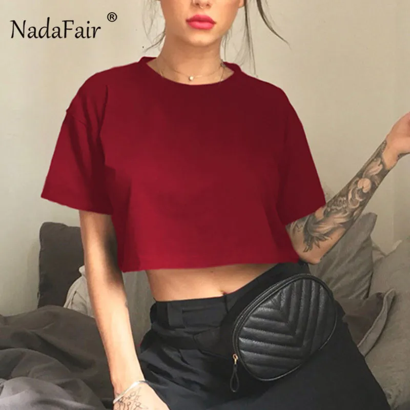 

Nadafair Streetwear Solid Summer Short Top Women 2019 Short Sleeve Loose T-Shirt Crop Top Femme O Neck Black White Tee Clothing