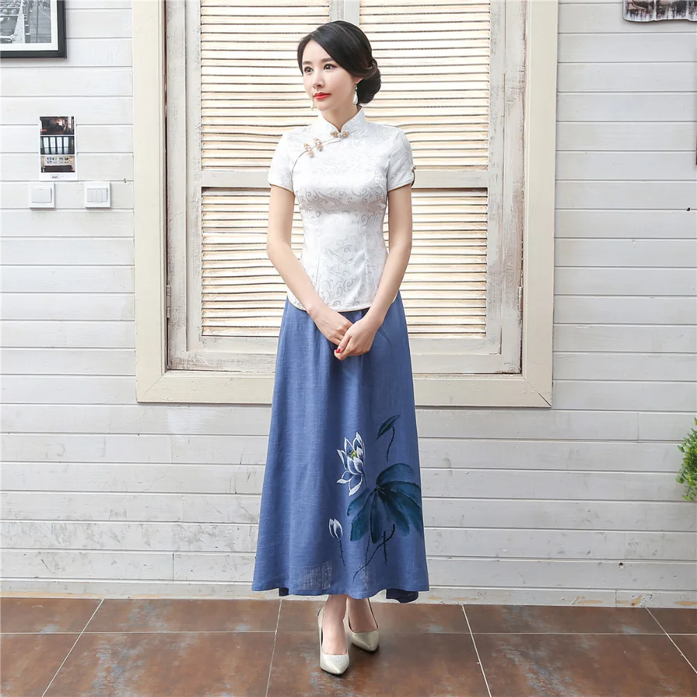 

Shanghai Story New Sale Short Sleeve cheongsam top traditional Chinese Top Blend Linen Women's blouse top + Linen Skirt