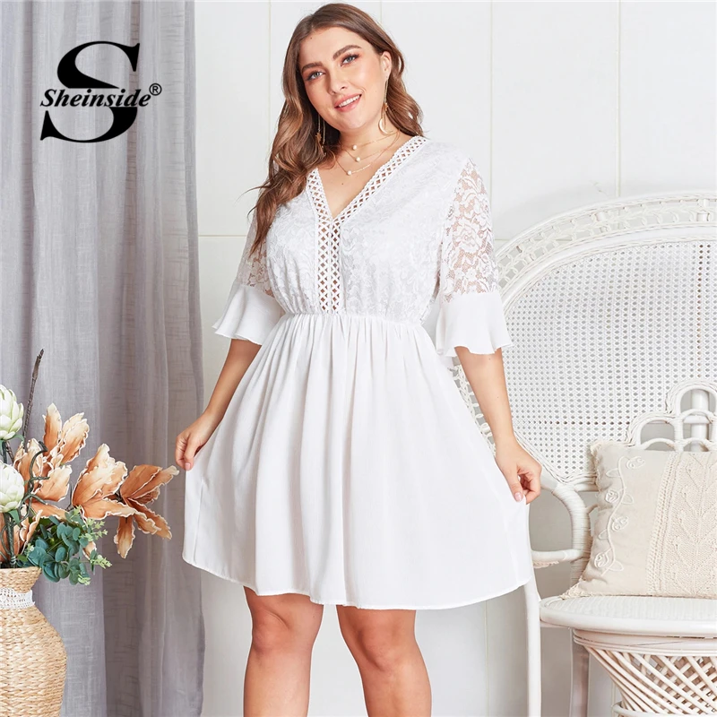 

Sheinside Plus Size Contrast Lace Hollowed Out V Neck Dress Women 2019 Summer Flounce Sleeve Dresses Ladies A Line Dress