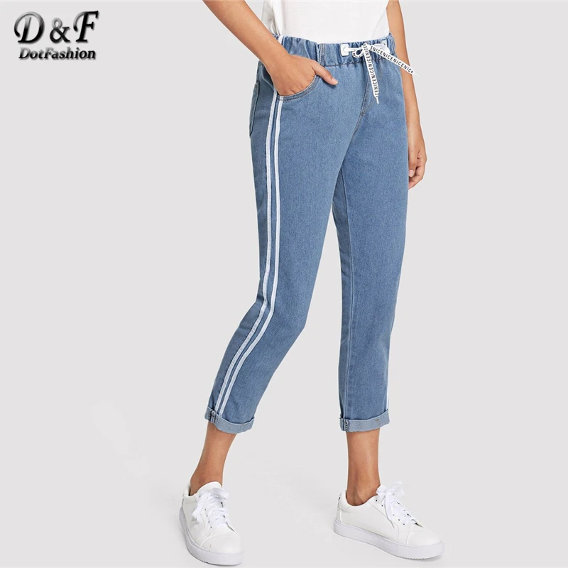 

Dotfashion Blue Striped Side Knot Front Jeans Woman 2019 Autumn Casual Elastic Waist Pants Crop Jeans For Women Denim Trousers