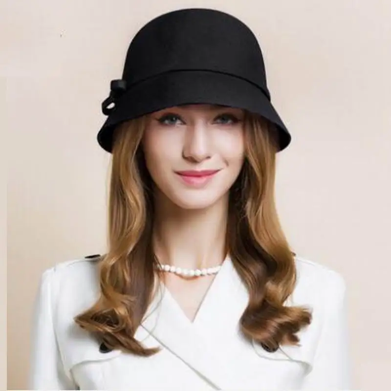 Элегантная осенне-зимняя фетровая шляпа из шерсти черного и розового цвета с бантом и Закрученными ушками, теплая Женская кепка-котелок S5000