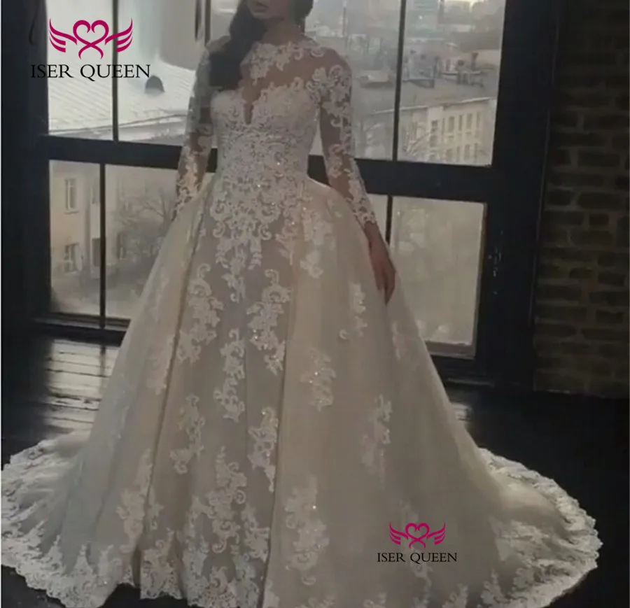 

Luxury Quality Arab A line Wedding Dress Detachable train Long Sleeve Embroidery Beading Lace Vintage Wedding Dresses W0131