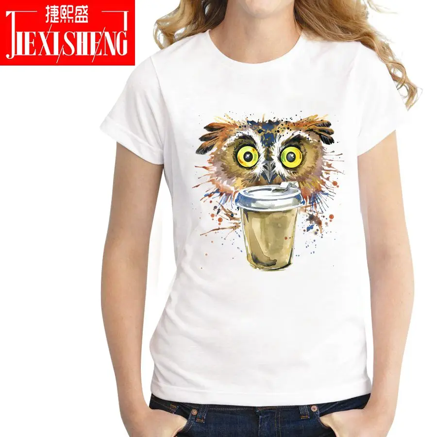 

Fashion Women T shirt funny multicolour psychedelic owl Drink coffee Printed t-shirt cotton o-neck Cool tee brand clothing