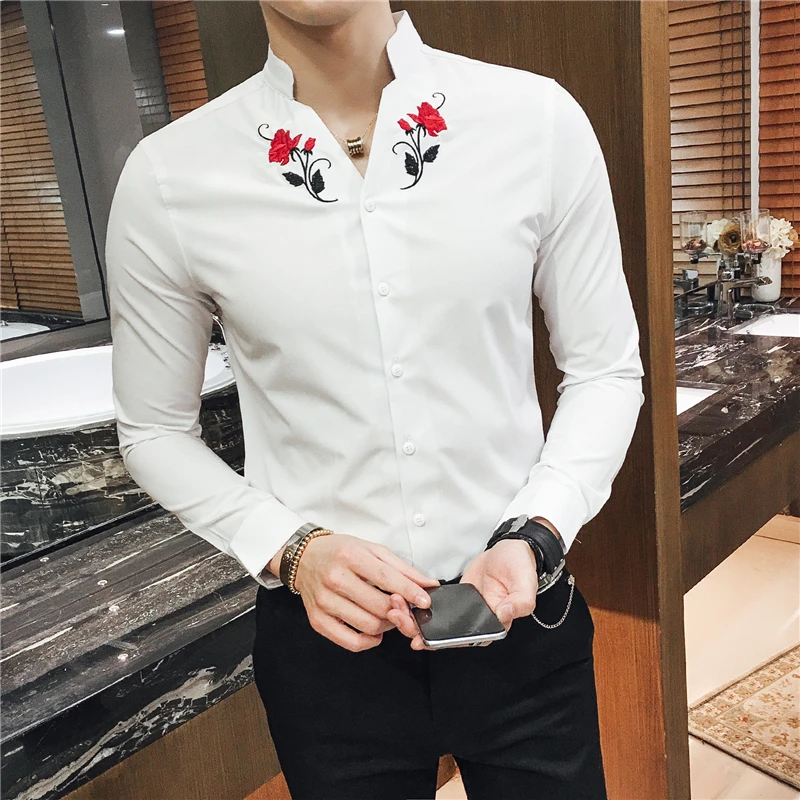 Высококачественная Мужская рубашка с вышивкой, облегающие Дизайнерские мужские рубашки с длинным рукавом, модная повседневная рубашка